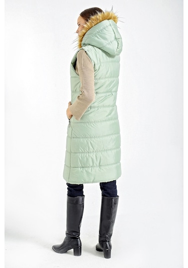 Bigdart 10233 Kapşonlu Kürklü Şişme Yelek - Mint 001