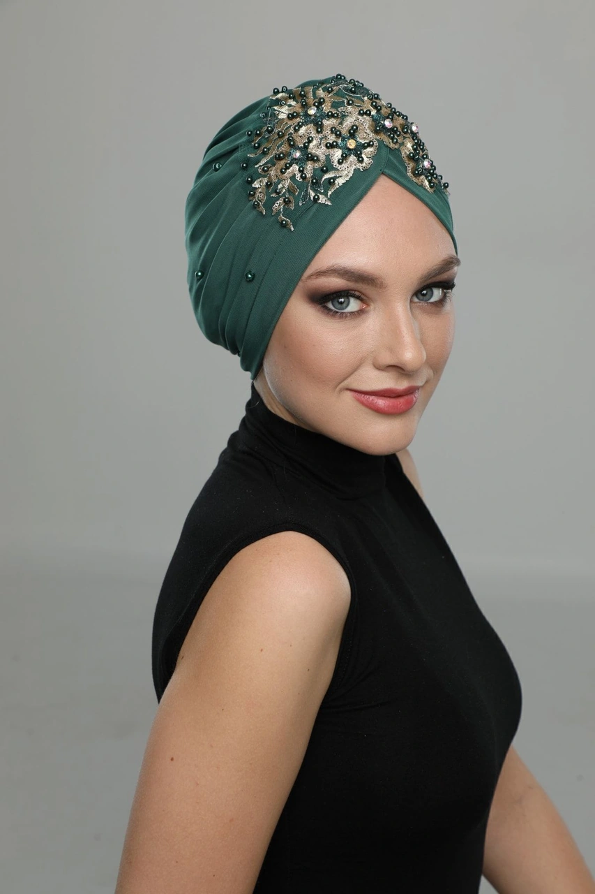 Kopma Astarlı Işlemeli Yeşil Sırma Motifli Hazır Türban Tesettür Abiye Bone Yeşil Sırma