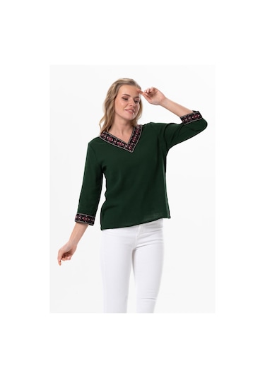 Truvakar Kol V Yaka Nakışlı Talya Şile Bezi Yazlık Bluz Yeşil Ysl-yeşil Yeşil
