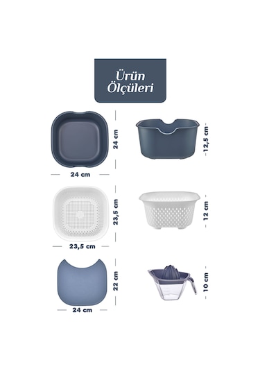 9'lu Mutfak Hazırlık Seti - Standlı Kulplu Kesme Tahtası Karıştırma Kabı Kase Süzgeç Limon Sıkacağı Mavi