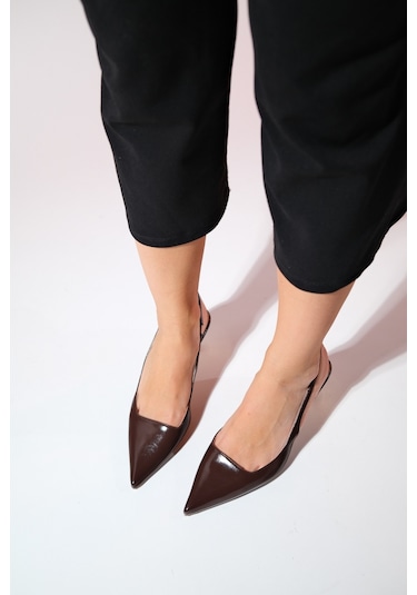 Luvishoes Marten Kahve Cilt Kadın Sivri Burun Arkası Açık İnce Topuklu Ayakkabı Kahverengi