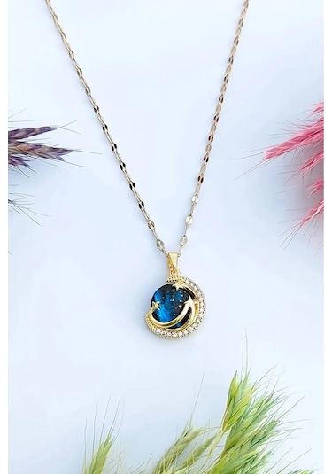 Kararmaz Gökyüzü Ay Model Gold Kadın Gezegen Çelik Kolye Çok Renkli