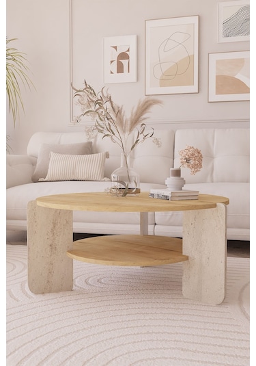 İskandinav Orta Sehpa 90 Cm, Bohem - Safir Meşe & Traverten