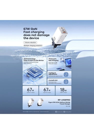 Remax Rp-u159pro Figen 67w 2c1a Gan Seyahat Şarj Cihazı Telefon Hızlı Şarj Adaptörü Beyaz