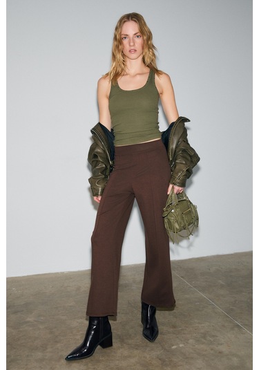 Grımelange Freda Kadın Kalın İnterlok Tok Ve Esnek Kumaşlı Flare Paça Önü Nervürlü Beli Lastikli Koy Koyu Kahverengi