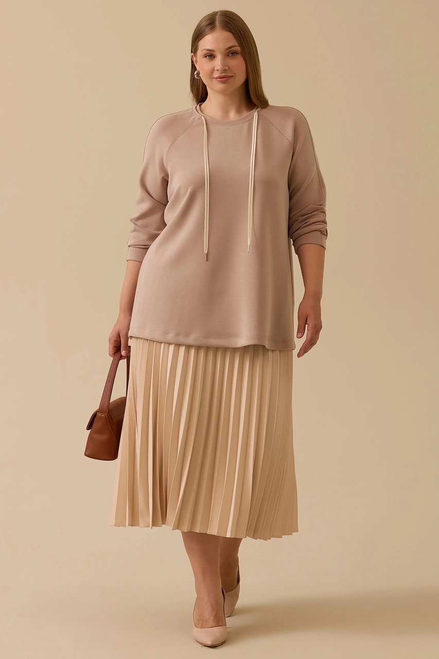 Galaxi Kadın Büyük Beden Bağcıklı Basic Sweatshirt 4002 Camel Camel