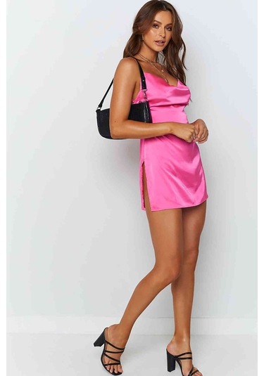 Alpinmoda Saten Yırtmaçlı Kısa Gecelik Ms23246 Pembe