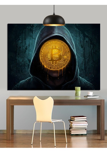 Bitcoin Sembolü Kapüşonlu Gizem Dekoratif Kanvas - Mdf Ahşap Tablo