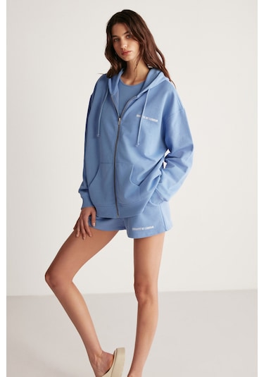 Ametıs Kadın Oversize Organik Pamuklu Metal Fermuarlı Kapüşonlu Mavi Sweatshirt