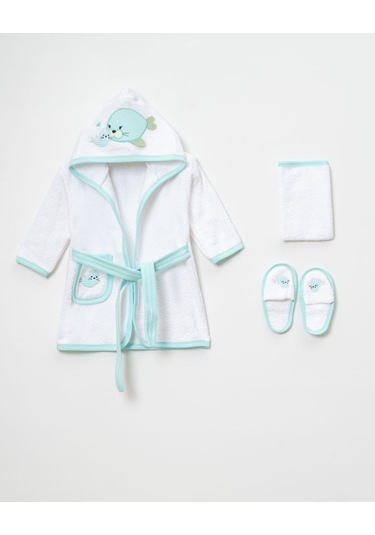 Balinalı Bornoz Takımı 1-2 Yaş Beyaz - Mint
