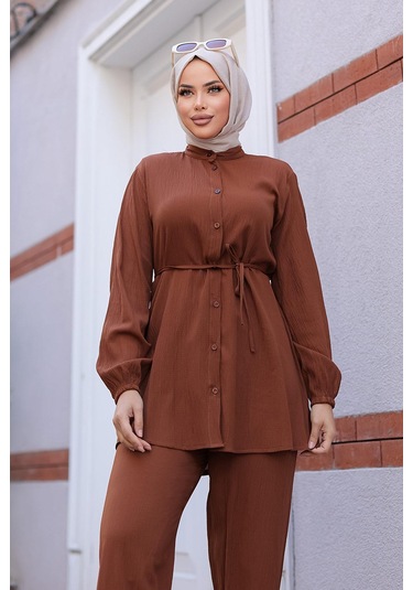 Hakim Yaka Detaylı Tesettür Kahverengi Takım Kahverengi