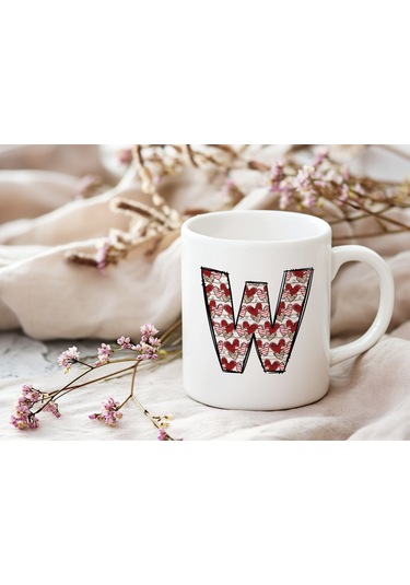 W Harfi Aşk Temalı Kupa - Kalp Desenli Kişiye Özel Romantik Sevgililer Günü Kahve Kupası Beyaz