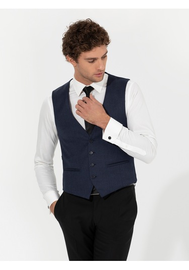 Cacharel Lacivert Slim Fit Yün Karışımlı Yelek