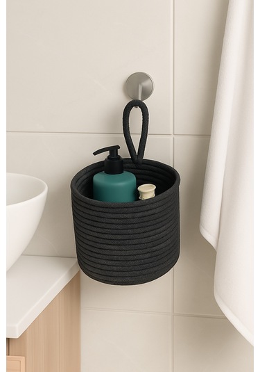 Asep Askılı Halat El Dokuma Banyo Sepeti 25x20cm Duvara Asılabilir Çok Amaçlı Düzenleyici Ve Saklama Antrasit