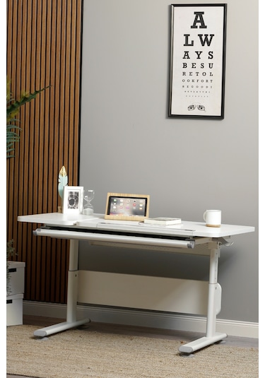 Vega Simple Yüksekliği Ayarlanabilir Ekru Ahşap Çalışma Masası, Modern Ofis Ve Bilgisayar Masası Gri