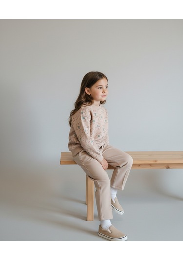 Çiçek Desenli İki İp Kız Çocuk Alt Üst Takım Kahverengi