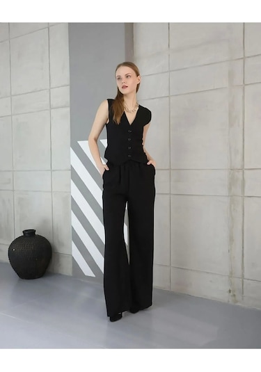 Genculus Rahat Form Yelekli Pantolon Takım Modern Fit Keten Takım Siyah