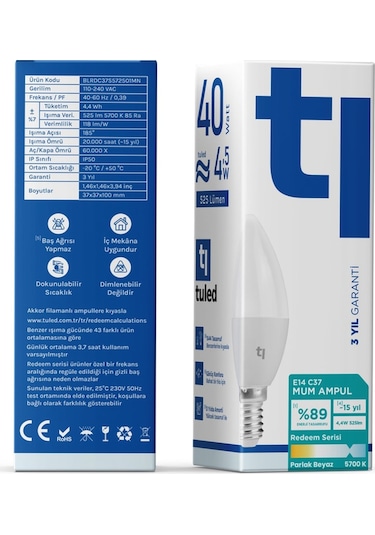 Redeem C37S E14 Mum Ampul, Titreşimsiz, Göz Konforu, 525 Lümen, Parlak Beyaz, 5700 Kelvin