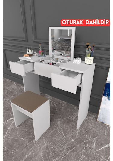 Dekorfim DF02101B Çekmeceli Aynalı Tabureli Puflu Makyaj Masası