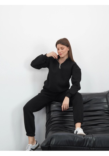 3 İplik İçi Şardonlu Yarım Fermuarlı Alt Üst Takım Siyah Siyah