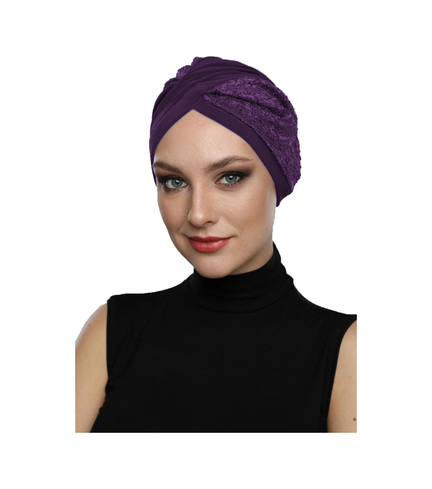 Çapraz Dantel Mor Hazır Türban Tesettür Havuz Bonesi Mor