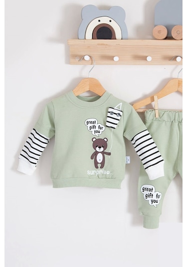 Gift For You Desenli 2'li % 100 Pamuk Erkek Bebek Takımı Yeşil