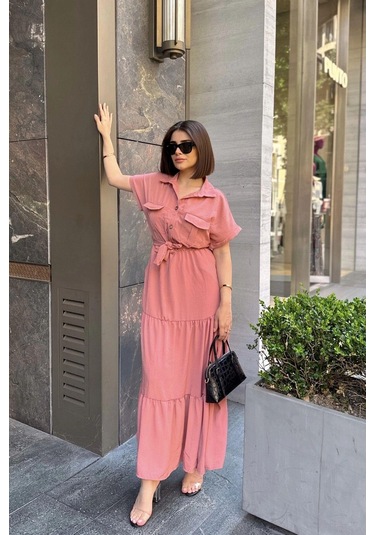 Gül Kurusu Kısa Kol, Airobin Kumaş, Yarım Patlı, Kuşaklı, Eteği Pliseli, Cepli Maxi Uzun Elbise Pembe