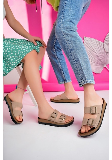 Muggo Rehda Garantili İki Toka Rahat Taban Ayarlanabilir Unisex Terlik Bej