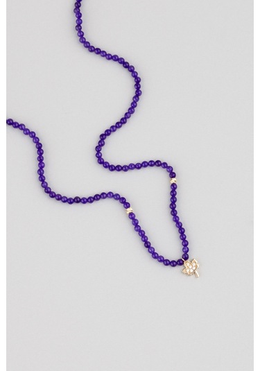 Çınar Yaprağı Figürlü Ametist Taşlı 14 Ayar 43 Cm Kolye Sarı - Beyaz