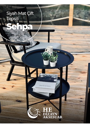 Katlanır Çift Kat Tepsili Sehpa Siyah Mat