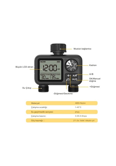 Shopytech Çift Çıkışlı Dijital Sulama Zamanlayıcı Ipx5, Lcd Ekranlı Yağmur Erteleme A/b Bağımsız Pro