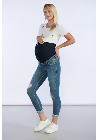 Bpf Lazer Detaylı Slim Fit Hamile Pantolon - Mavi