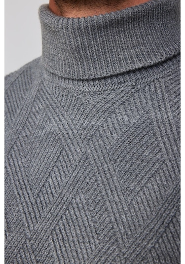 Tudors Slim Fit Dar Kesim Tam Balıkçı Yaka Desenli Gri Erkek Triko Kazak-29718-gri Gri