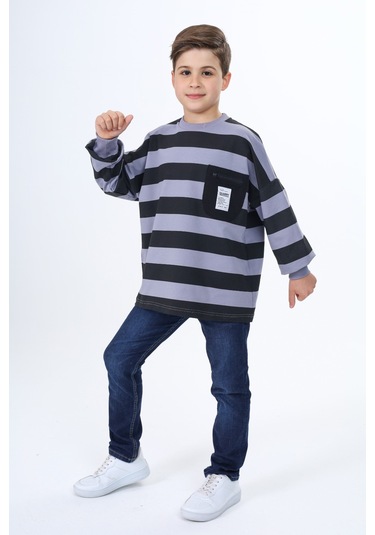 Toontoy Erkek Çocuk Çizgili Sweatshirt Koyu Gri