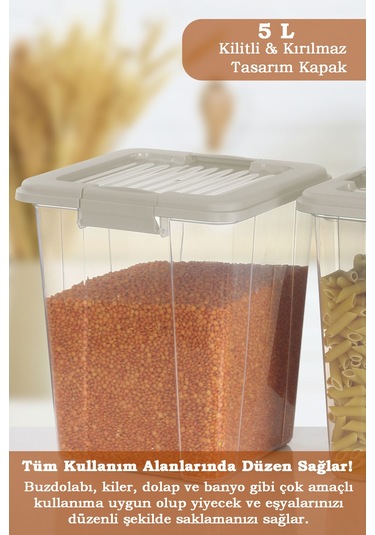 4'lü Organizer Box 5 L Un Bakliyat Erzak Kabı - Kilit Kapaklı Düzenleyici Deterjanlık Saklama Kutusu Bej