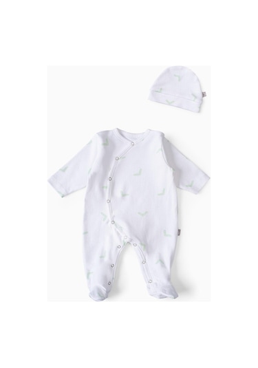 Boumini Bebek Patikli Tulum Şapka Set Beyaz Yeşil Tik-yeşil Tik Yeşil