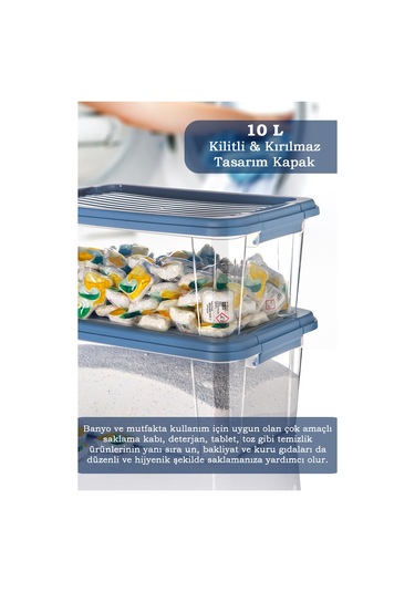 2'li Mega 10l Un Bakliyat Erzak Kabı - Kilitli Kapaklı Banyo Düzenleyici Deterjanlık Saklama Kutusu Mavi