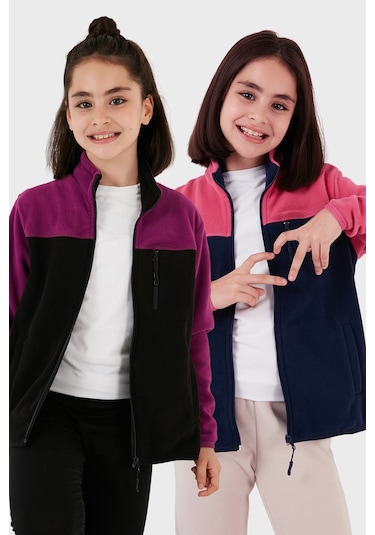 Lela Yumuşak Dokulu Fermuarlı Renk Bloklu Dik Yaka Cepli 2'Li Paket Hırka Çocuk Polar 5905001S2 Fuşya Lacivert-Mor Siyah