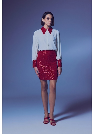 Sateen Payetli Mini Etek - Kırmızı-135369 Kırmızı