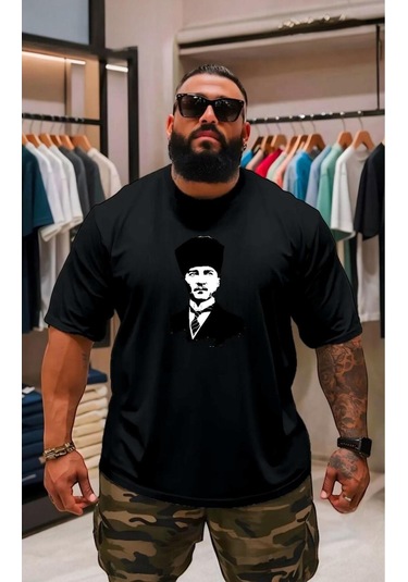 Atatürk Baskılı Oversize Unisex Tişört SIYAH