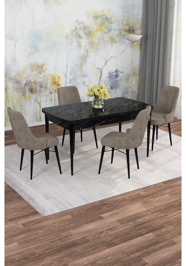 Mona Siyah Mermer 80x132 Açılabilir Mdf Masa Yemek Odası Takımı, Mutfak Takımı 4 Adet Sandalye Siyah Mermer - 4 Cappuccino - Siyah Ayak