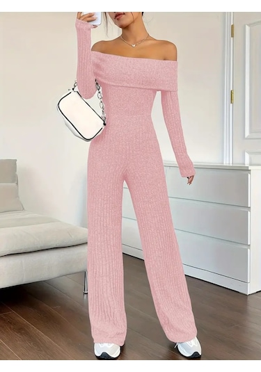 Ge Ticaret Kadın Uzun Kollu Madonna Yaka Şardonlu Kaşkorse Tulum Pembe