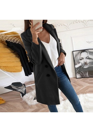 Moda Takım Elbise Yaka Slim Fit Kadın Trençkotu Siyah