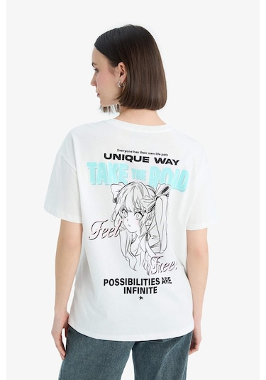 DeFacto Coool Oversize Geniş Kalıp Bisiklet Yaka Baskılı Kısa Kollu Tişört F2241AX25SMWT32