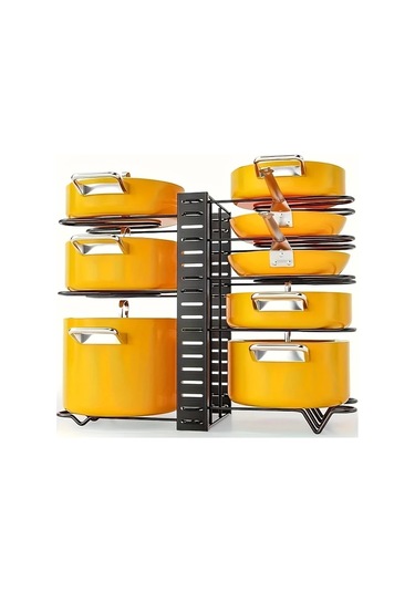 Honeybeeshop Siyah- Çok Yönlü Mutfak Düzenleyici Kapaklı Ayarlanabilir Tencere Tava Rafı Ev Restoran Kullanım Demir Depolama Rafı Siyah-