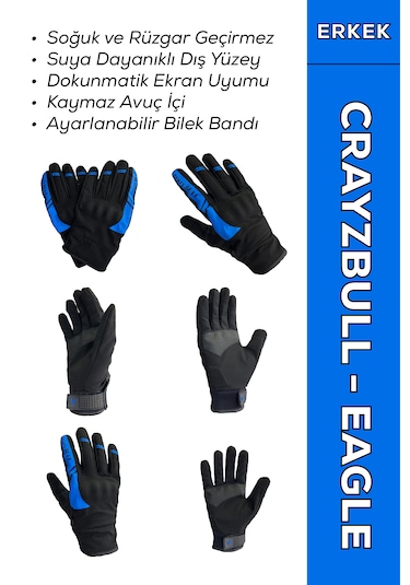 Crazybull Eagle Mavi / Su Ve Rüzgar Geçirmez Kışlık Erkek Motosiklet Eldiveni + Buff