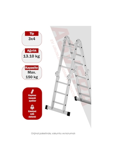 Asvera 3.7 Metre Çok Amaçlı Akrobat Merdiven - 12 Basamaklı 4x3 Katlanır Profesyonel Merdiven
