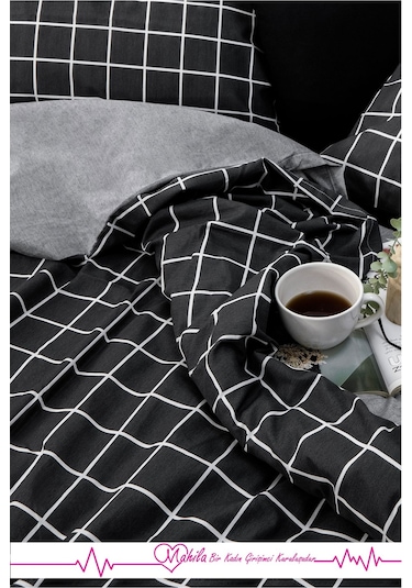 Battal Boy Lüks Pamuklu Nevresim Seti Siyah Kare Desen Çok Renkli