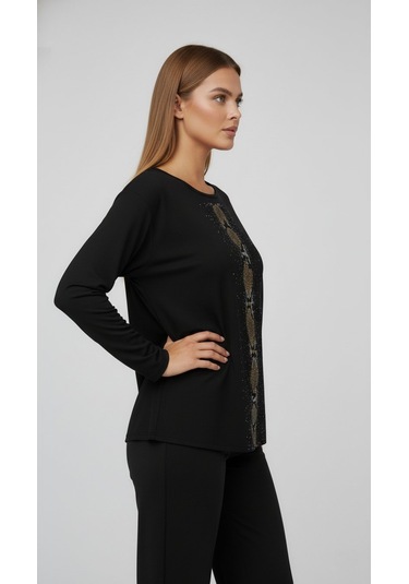 Taş Desenli Uzun Kollu Bambu Viskon Kumaş Bluz Siyah 2