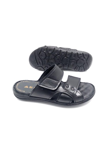 Hakiki Deri Tam Ortopedik Masajlı Erkek Terlik Siyah